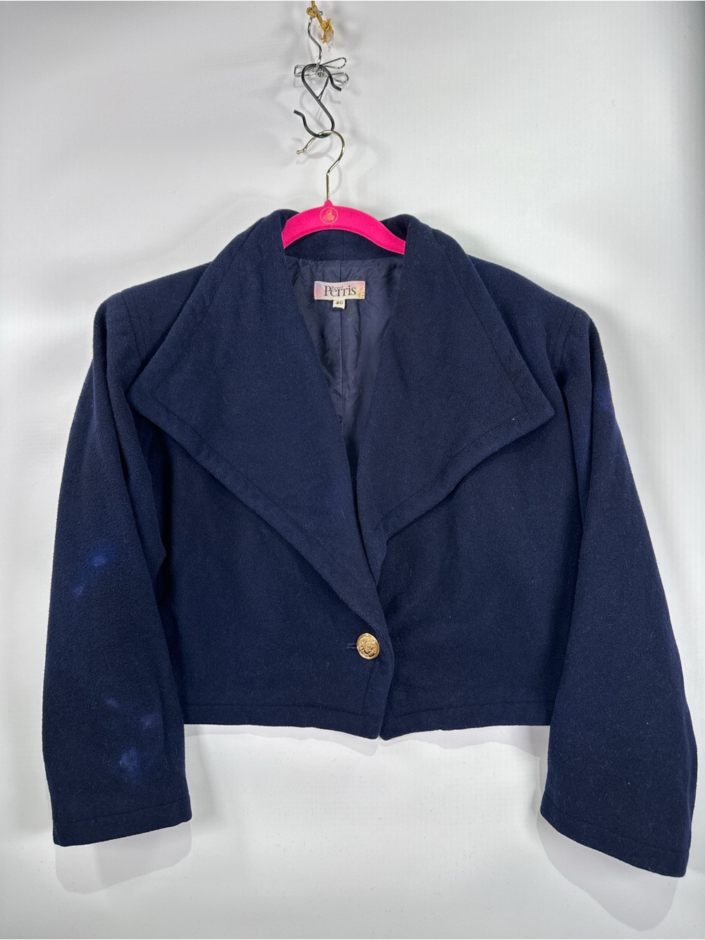 Bernard Perris Vintage Cropped Asymmetrical Wool Blazer Navy 40 - Picture 2 of 11